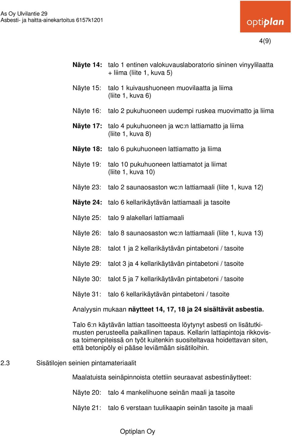 pukuhuoneen lattiamatto ja liima Näyte 19: talo 10 pukuhuoneen lattiamatot ja liimat (liite 1, kuva 10) Näyte 23: talo 2 saunaosaston wc:n lattiamaali (liite 1, kuva 12) Näyte 24: talo 6