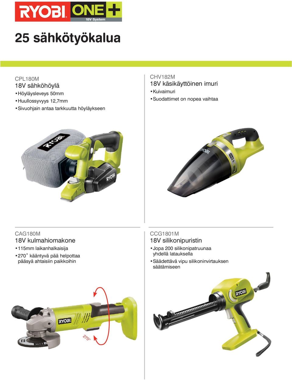 18V kulmahiomakone 115mm laikanhalkaisija 270 kääntyvä pää helpottaa pääsyä ahtaisiin paikkoihin CCG1801M