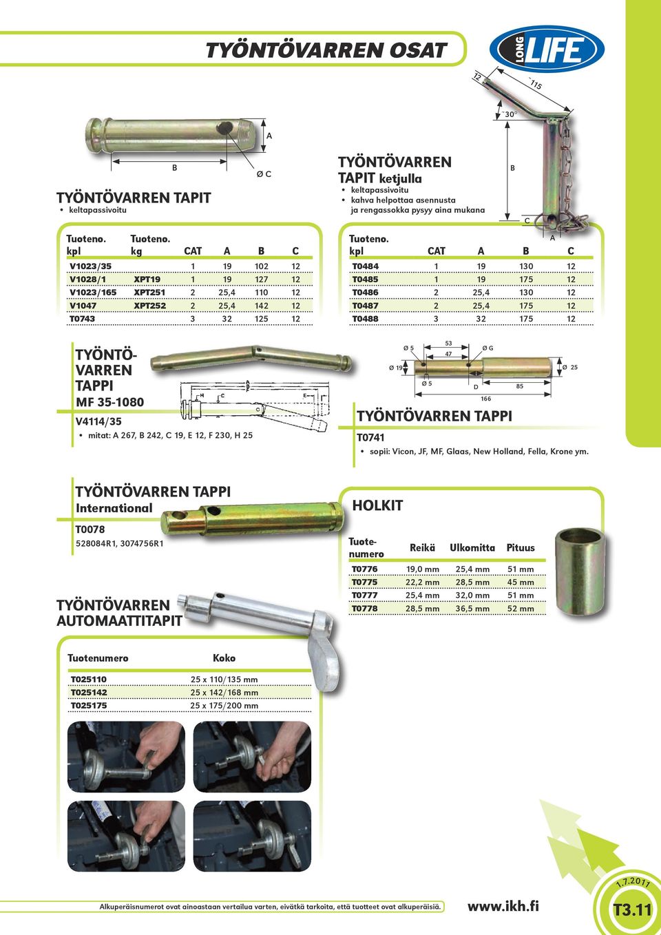 T0775 22,2 mm 28,5 mm 45 mm T0777 25,4 mm 32,0 mm 51 mm T0778 28,5 mm 36,5 mm 52 mm TYÖNTÖ- VARREN TAPPI MF 35-1080 V4114/35 mitat: A 267, B 242, C 19, E 12, F 230, H 25 B Ø C TYÖNTÖVARREN TAPIT