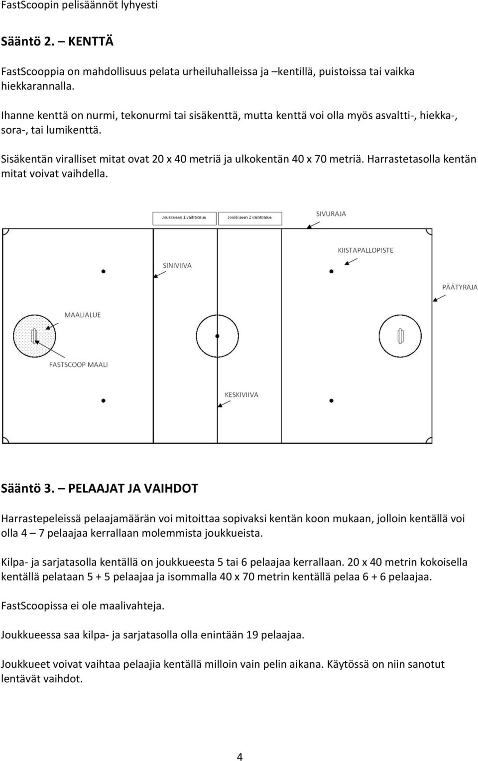 Harrastetasolla kentän mitat voivat vaihdella. Sääntö 3.