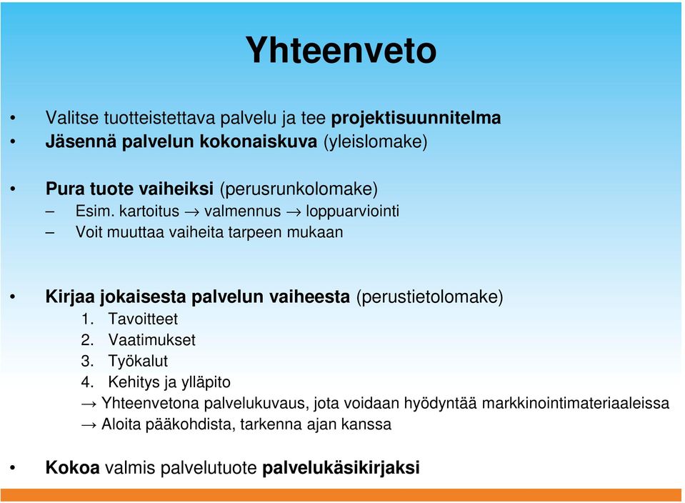 kartoitus valmennus loppuarviointi Voit muuttaa vaiheita tarpeen mukaan Kirjaa jokaisesta palvelun vaiheesta (perustietolomake)