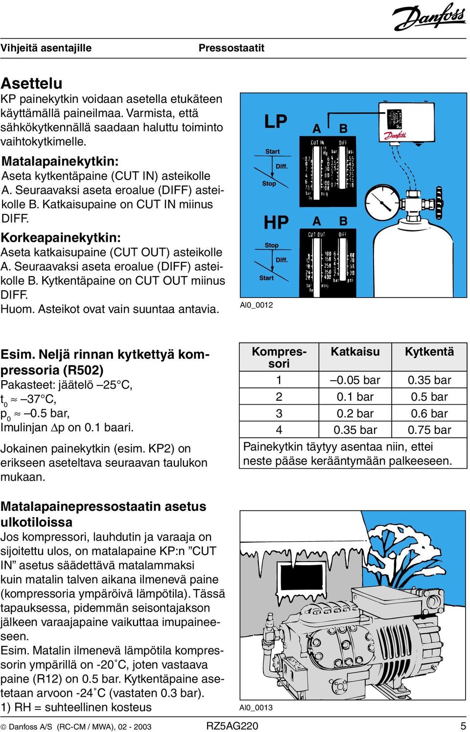 Korkeapainekytkin: Aseta katkaisupaine (CUT OUT) asteikolle A. Seuraavaksi aseta eroalue (DIFF) asteikolle B. Kytkentäpaine on CUT OUT miinus DIFF. Huom. Asteikot ovat vain suuntaa antavia.