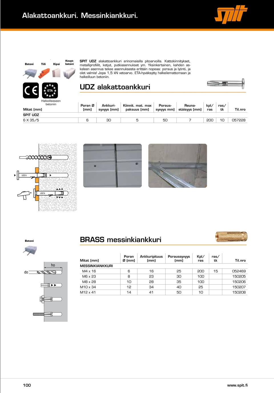 UDZ alakattoankkuri Mitat Halkeilleeseen betoniin Poran Ø Ankkurisyvyys paksuus Poraussyvyys mm) Reunaetäisyys Spit UDZ 6 X 35/5 6 30 5 50 7 200 10 057228 kpl/ / tk BRASS messinkiankkuri do Med bolt