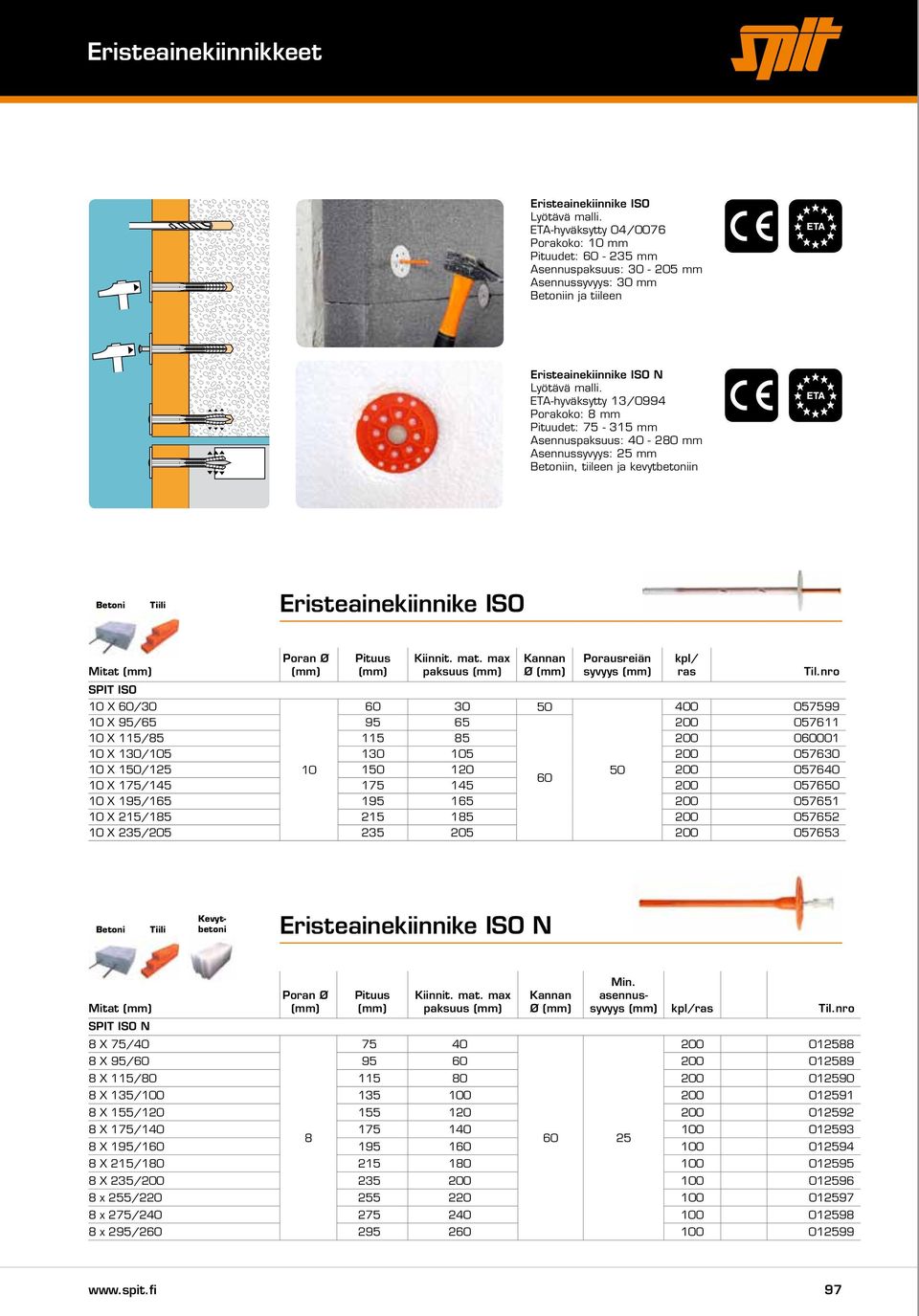 ETA-hyväksytty 13/0994 Porakoko: 8 mm Pituudet: 75-315 mm Asennuspaksuus: 40-280 mm Asennussyvyys: 25 mm in, tiileen ja kevytbetoniin Tiili Eristeainekiinnike ISO Mitat Poran Ø paksuus Kannan Ø