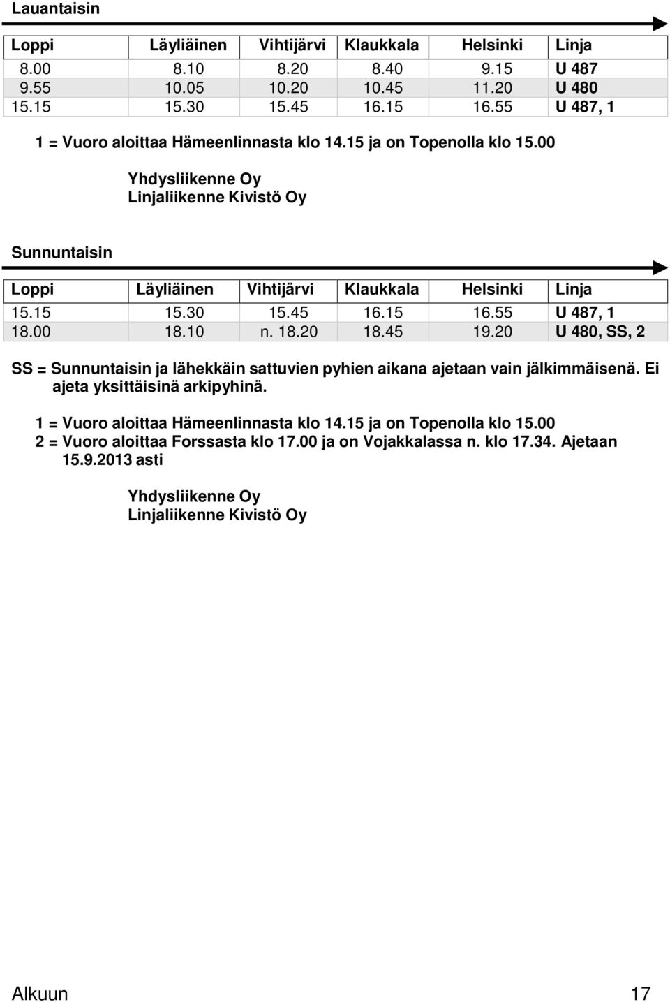 30 15.45 16.15 16.55 U 487, 1 18.00 18.10 n. 18.20 18.45 19.20 U 480, SS, 2 SS = Sunnuntaisin ja lähekkäin sattuvien pyhien aikana ajetaan vain jälkimmäisenä.