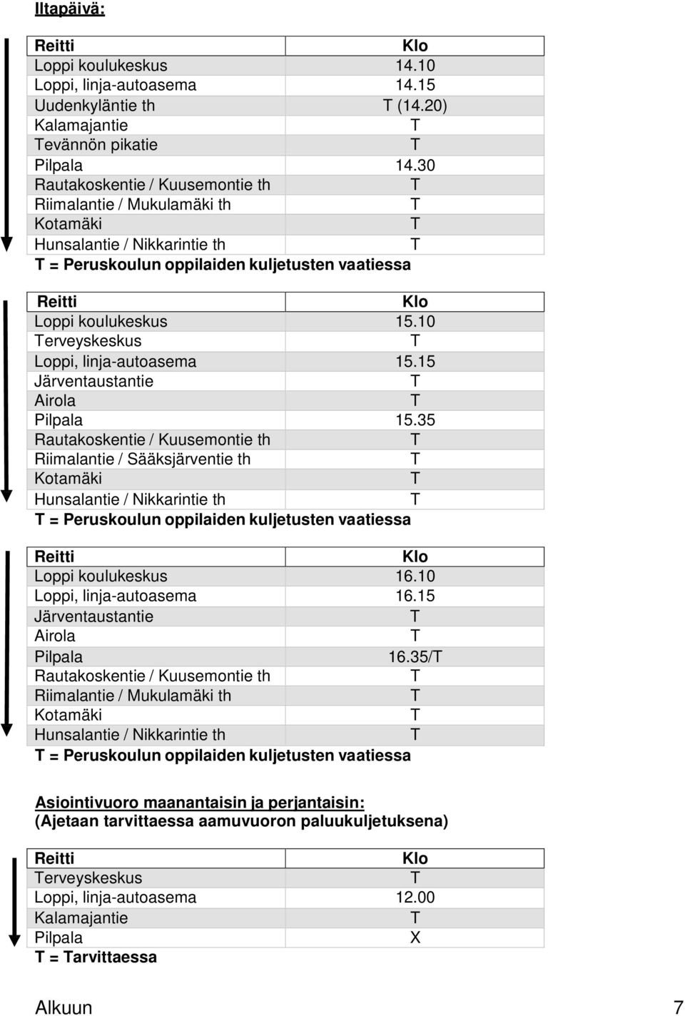 10 erveyskeskus Loppi, linja-autoasema 15.15 Järventaustantie Airola Pilpala 15.