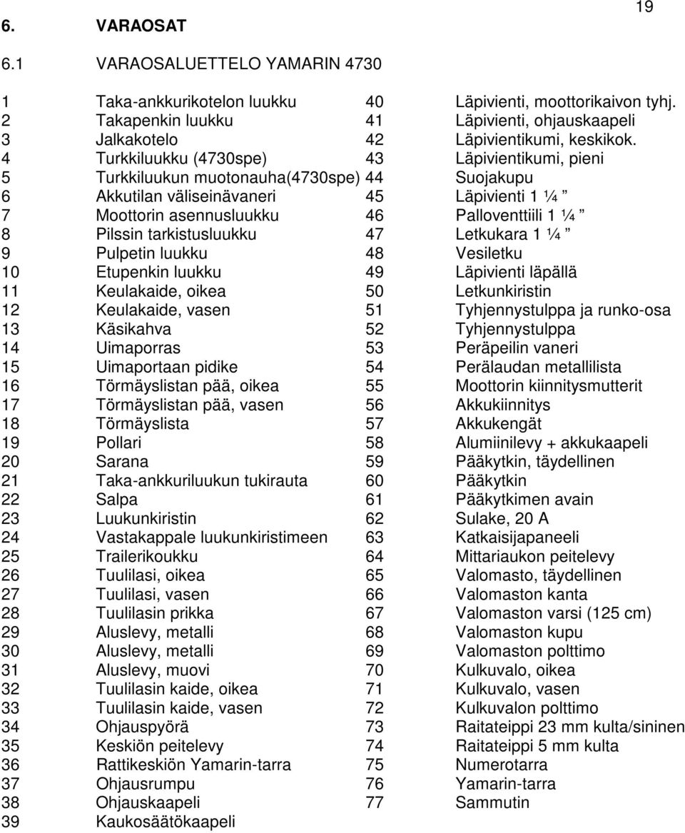 4 Turkkiluukku (4730spe) 43 Läpivientikumi, pieni 5 Turkkiluukun muotonauha(4730spe) 44 Suojakupu 6 Akkutilan väliseinävaneri 45 Läpivienti 1 ¼ 7 Moottorin asennusluukku 46 Palloventtiili 1 ¼ 8