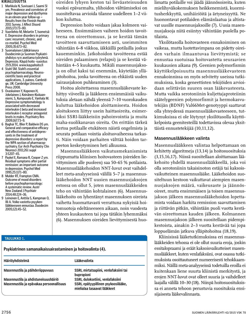 3 Suomalaisen Lääkäriseura Duodecimin ja Suomen Psykiatriyhdistys ry:n asettama työryhmä. Depressio. Käypä hoito -suositus 29.9.2014. www.kaypahoito.fi 4 Stahl SM.