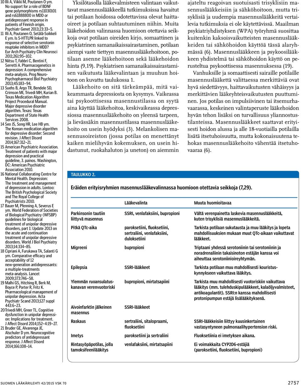 Eur Arch Psychiatry Clin Neurosci 2011;261:95 102. 12 Niitsu T, Fabbri C, Bentini F, Serretti A. Pharmacogenetics in depression: A comprehensive meta-analysis.