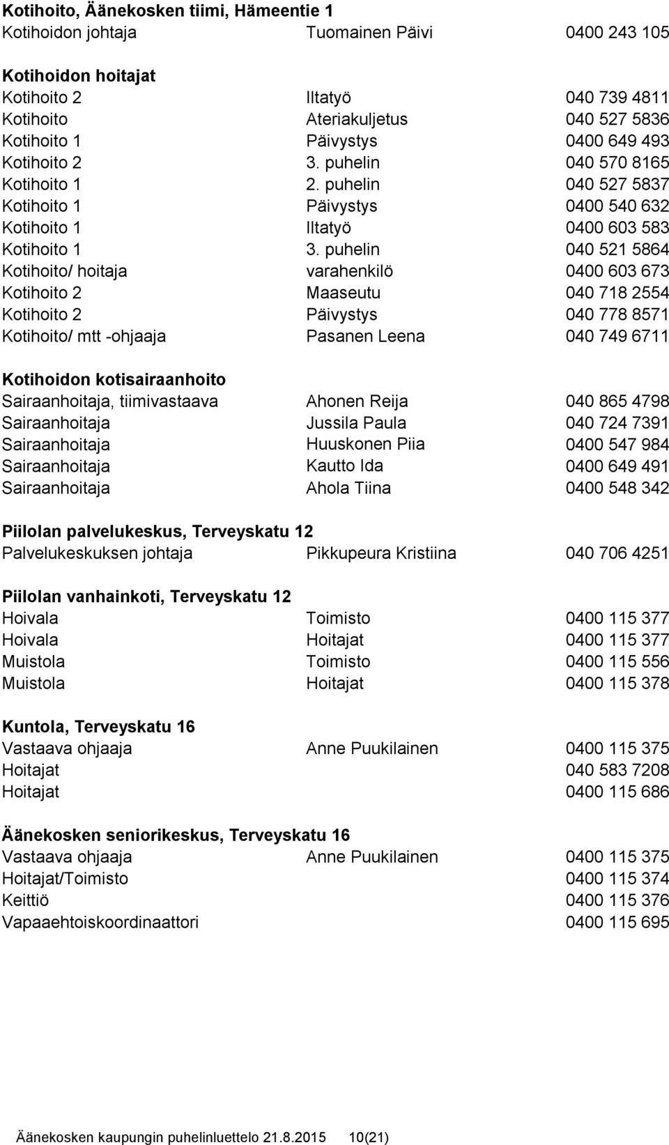puhelin 040 521 5864 Kotihoito/ hoitaja varahenkilö 0400 603 673 Kotihoito 2 Maaseutu 040 718 2554 Kotihoito 2 Päivystys 040 778 8571 Kotihoito/ mtt -ohjaaja Pasanen Leena 040 749 6711 Kotihoidon