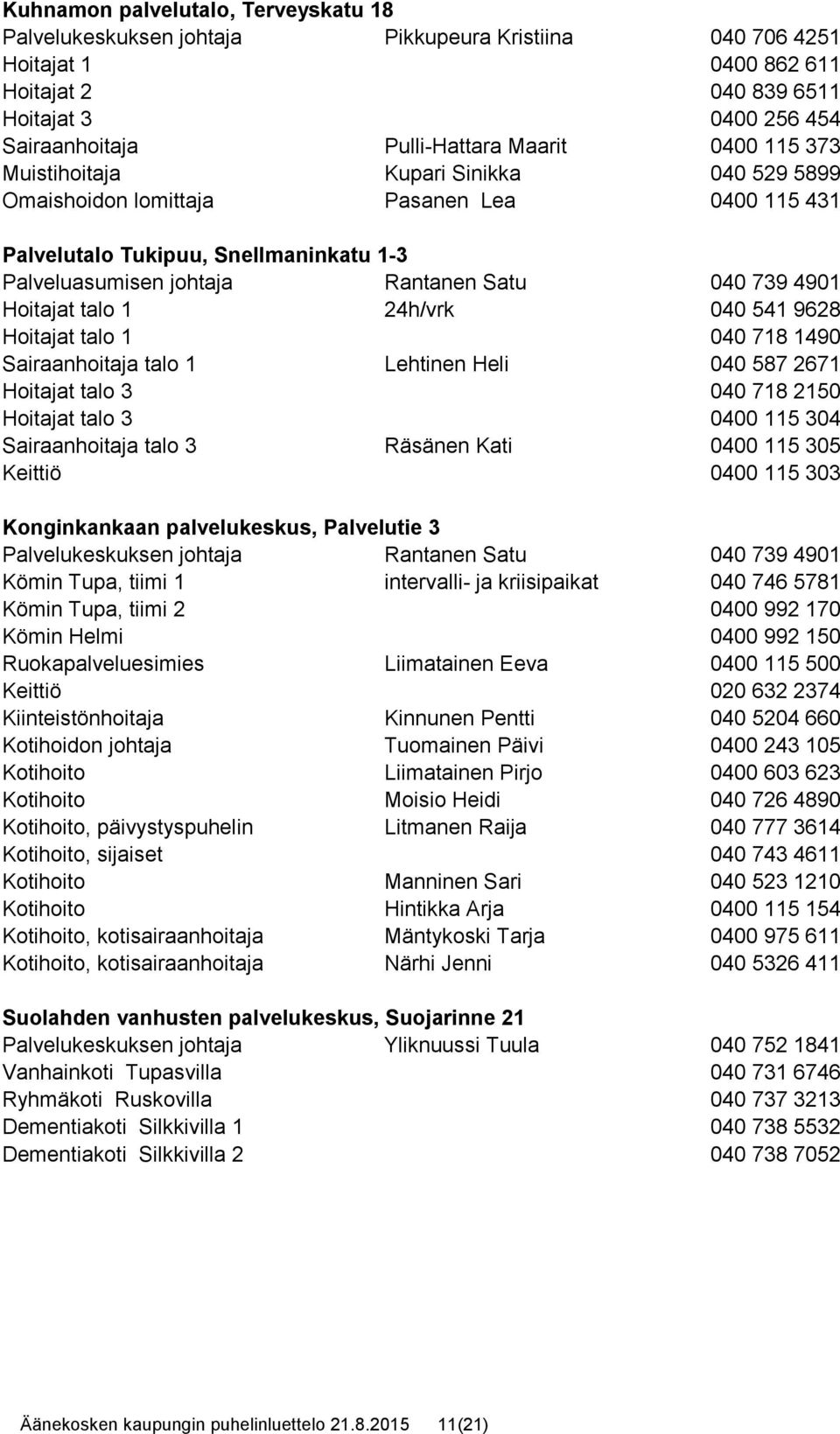 Hoitajat talo 1 24h/vrk 040 541 9628 Hoitajat talo 1 040 718 1490 Sairaanhoitaja talo 1 Lehtinen Heli 040 587 2671 Hoitajat talo 3 040 718 2150 Hoitajat talo 3 0400 115 304 Sairaanhoitaja talo 3