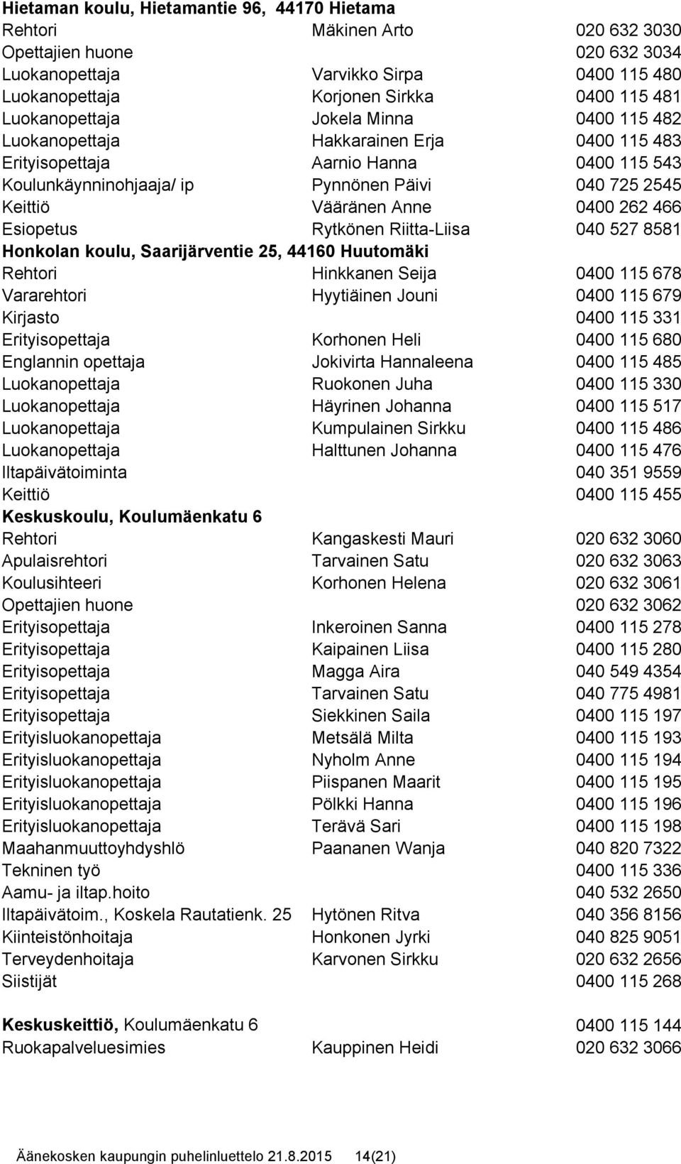 Anne 0400 262 466 Esiopetus Rytkönen Riitta-Liisa 040 527 8581 Honkolan koulu, Saarijärventie 25, 44160 Huutomäki Rehtori Hinkkanen Seija 0400 115 678 Vararehtori Hyytiäinen Jouni 0400 115 679