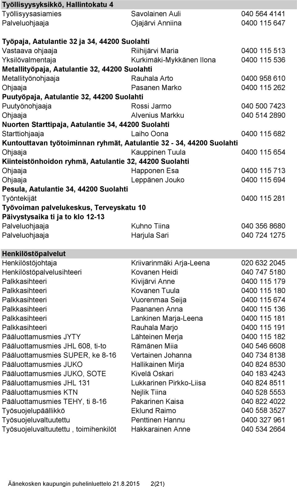 Puutyöpaja, Aatulantie 32, 44200 Suolahti Puutyönohjaaja Rossi Jarmo 040 500 7423 Ohjaaja Alvenius Markku 040 514 2890 Nuorten Starttipaja, Aatulantie 34, 44200 Suolahti Starttiohjaaja Laiho Oona