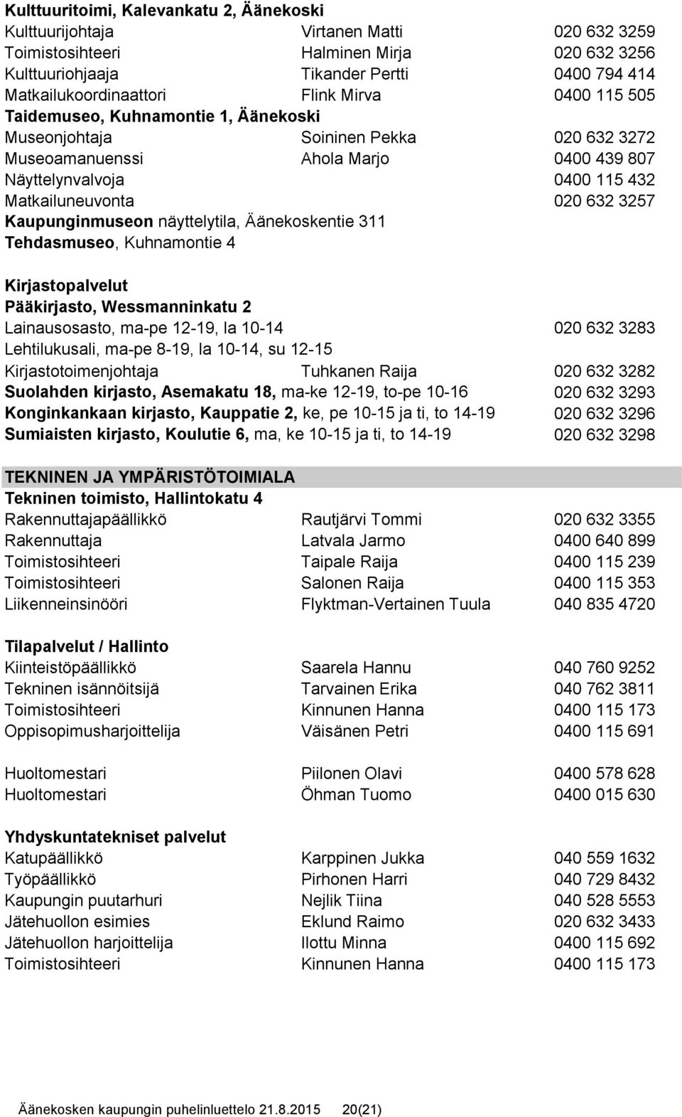 3257 Kaupunginmuseon näyttelytila, Äänekoskentie 311 Tehdasmuseo, Kuhnamontie 4 Kirjastopalvelut Pääkirjasto, Wessmanninkatu 2 Lainausosasto, ma-pe 12-19, la 10-14 020 632 3283 Lehtilukusali, ma-pe