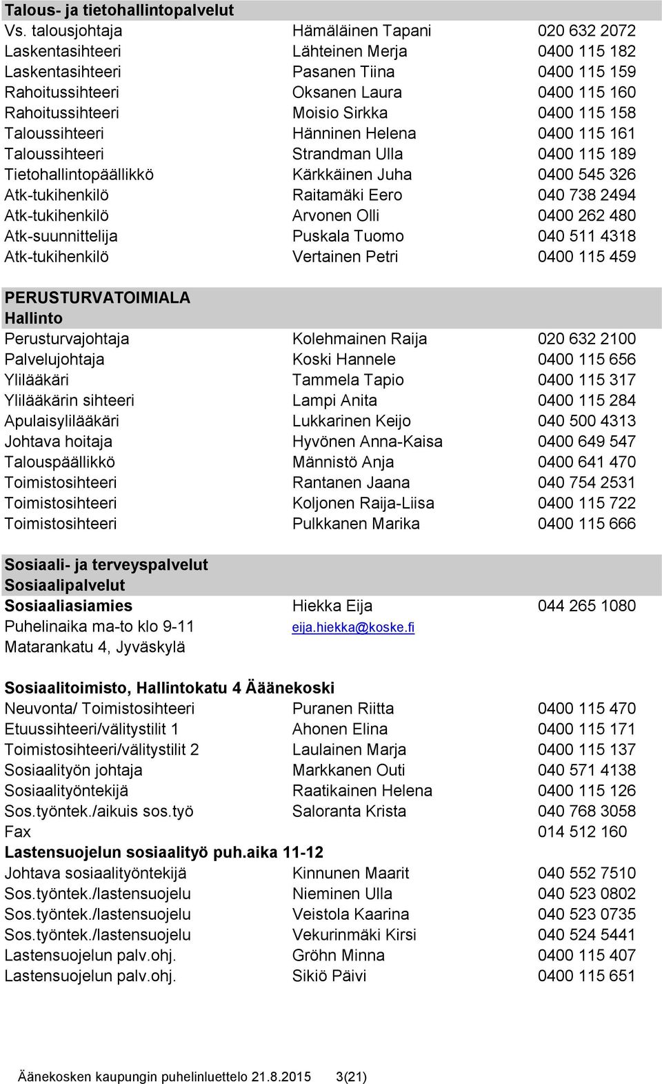 Moisio Sirkka 0400 115 158 Taloussihteeri Hänninen Helena 0400 115 161 Taloussihteeri Strandman Ulla 0400 115 189 Tietohallintopäällikkö Kärkkäinen Juha 0400 545 326 Atk-tukihenkilö Raitamäki Eero
