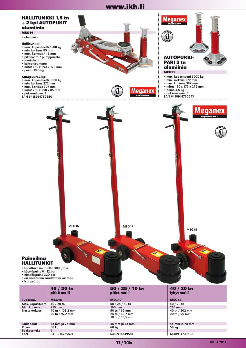 korkeus 397 mm mitat 250 x 250 x 85 mm EAN 6418914739550 AUTOPUKKI- PARI 3 tn alumiinia MEG39 max. kapasiteetti 3000 kg min. korkeus 272 mm max.