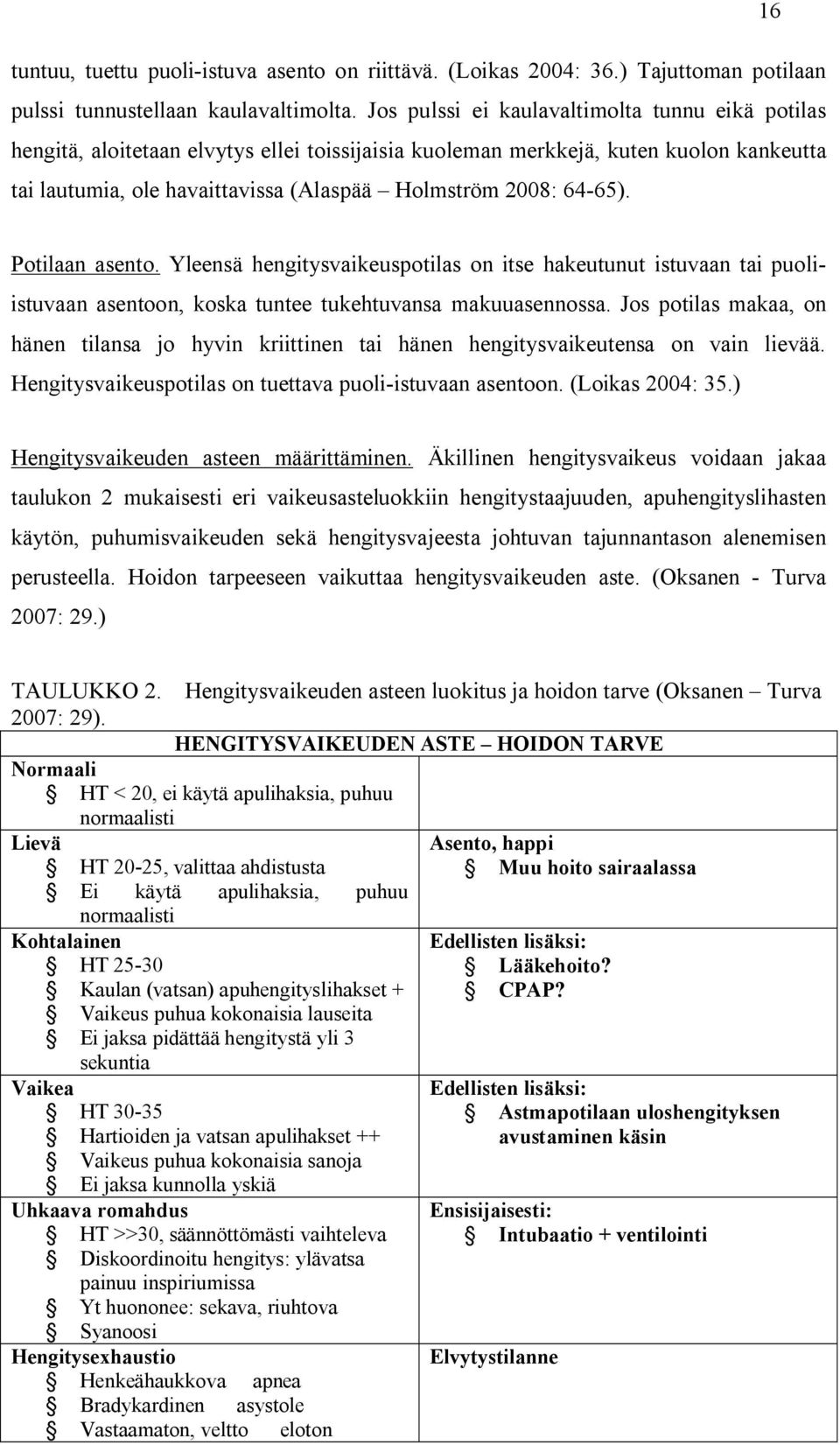 64-65). Potilaan asento. Yleensä hengitysvaikeuspotilas on itse hakeutunut istuvaan tai puoliistuvaan asentoon, koska tuntee tukehtuvansa makuuasennossa.