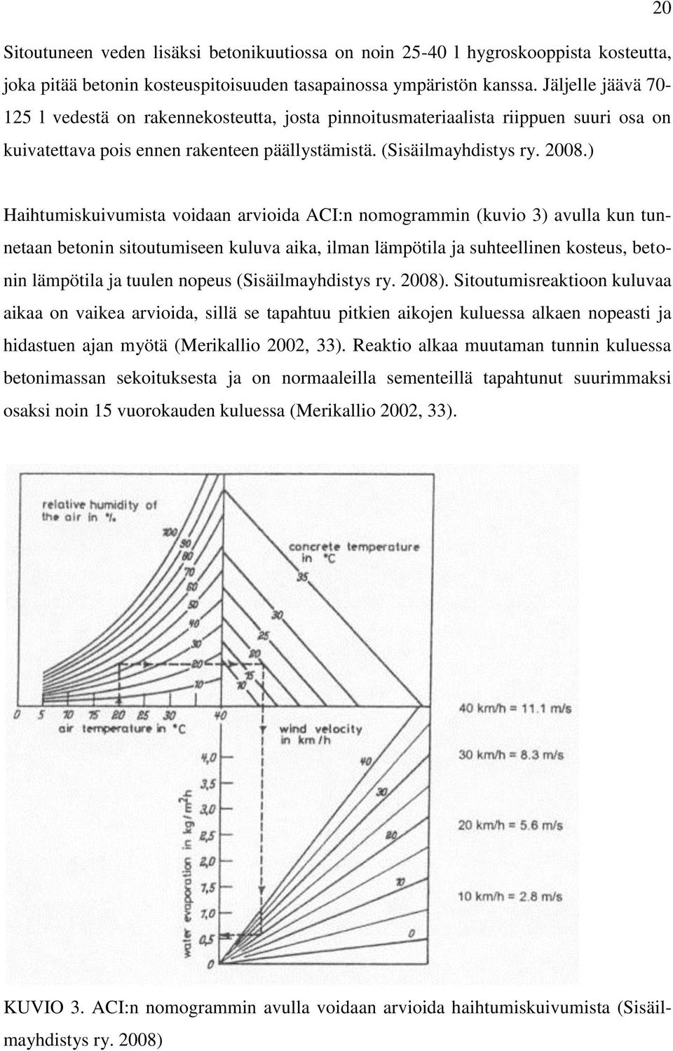 ) Haihtumiskuivumista voidaan arvioida ACI:n nomogrammin (kuvio 3) avulla kun tunnetaan betonin sitoutumiseen kuluva aika, ilman lämpötila ja suhteellinen kosteus, betonin lämpötila ja tuulen nopeus