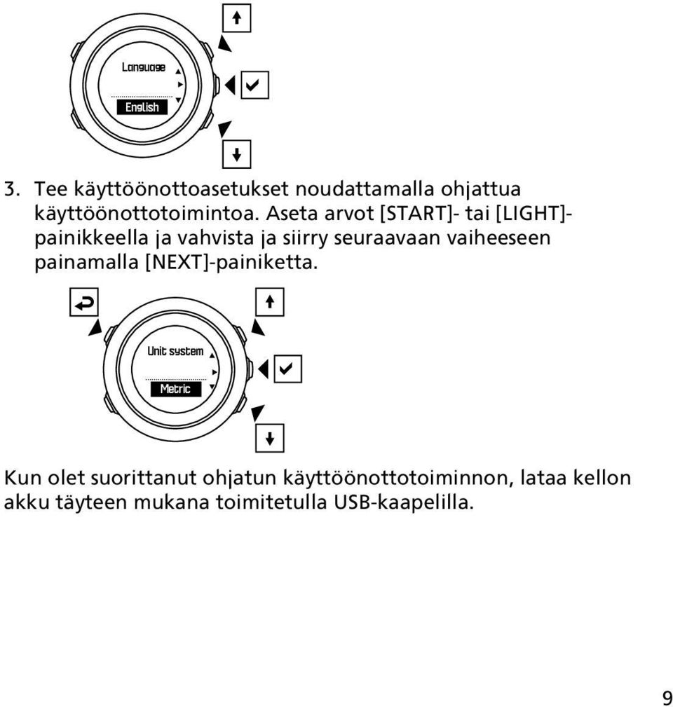 Aseta arvot [START]- tai [LIGHT]- painikkeella ja vahvista ja siirry seuraavaan