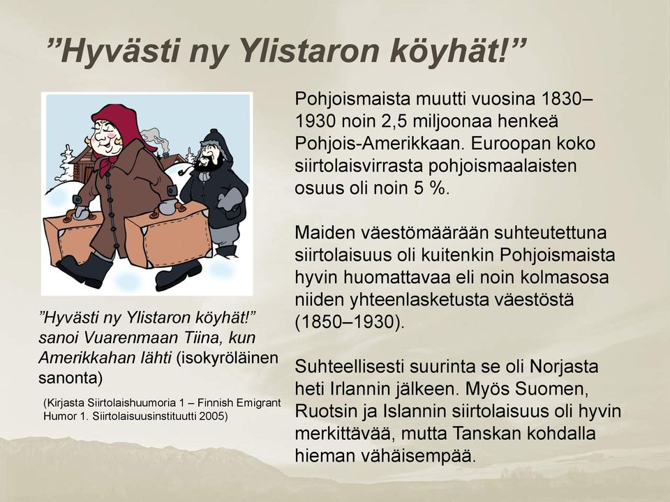 sanoi Vuarenmaan Tiina, kun Amerikkahan lähti (isokyröläinen sanonta) (Kirjasta Siirtolaishuumoria 1 Finnish Emigrant Humor 1.