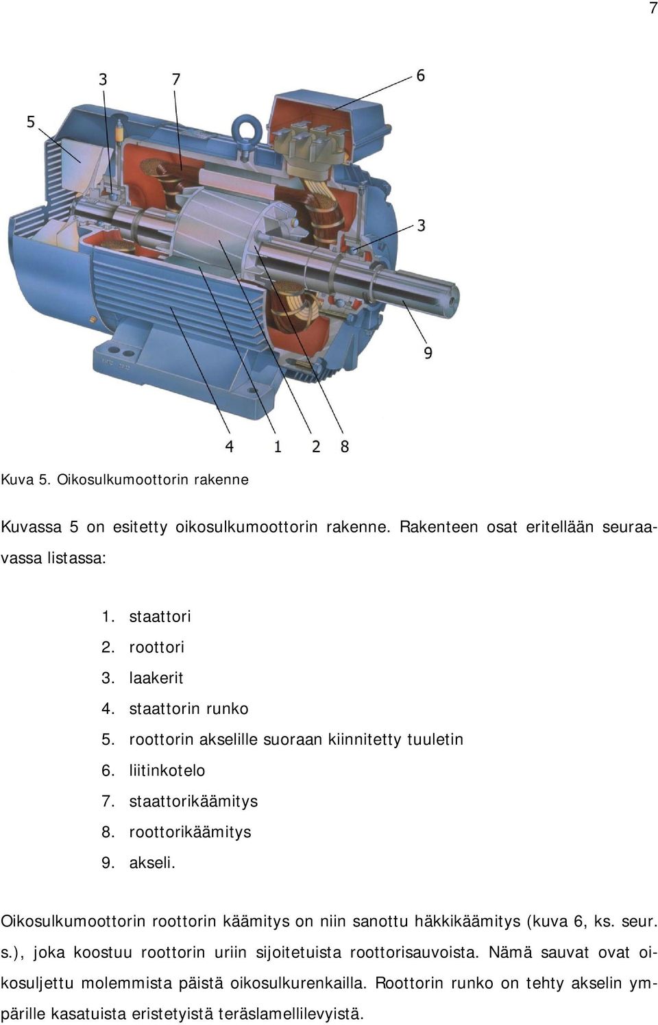 akseli. Oikosulkumoottorin roottorin käämitys on niin sanottu häkkikäämitys (kuva 6, ks. seur. s.), joka koostuu roottorin uriin sijoitetuista roottorisauvoista.