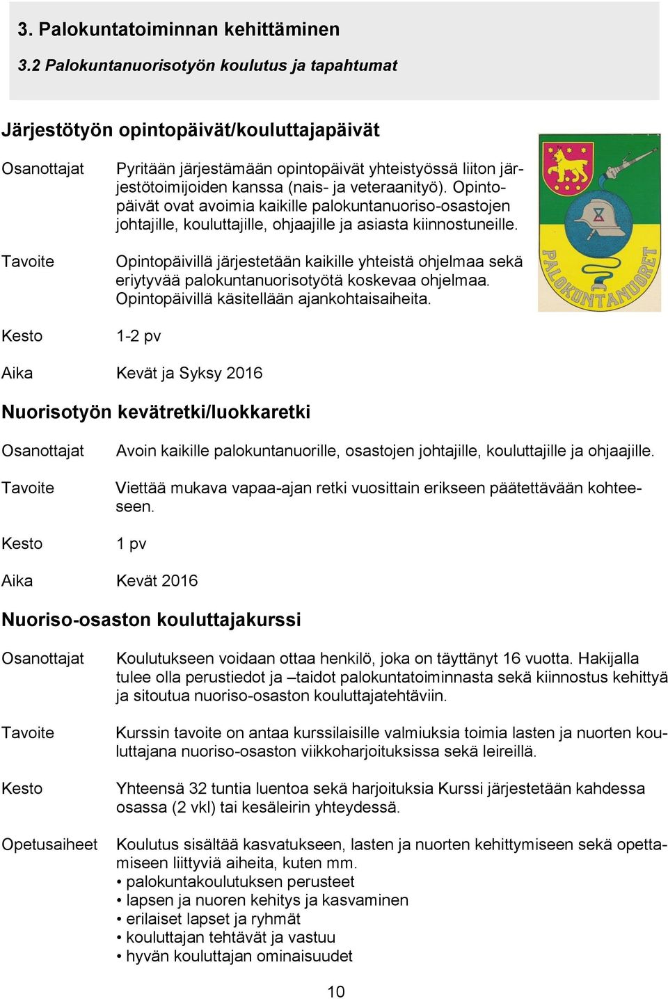 veteraanityö). Opintopäivät ovat avoimia kaikille palokuntanuoriso-osastojen johtajille, kouluttajille, ohjaajille ja asiasta kiinnostuneille.