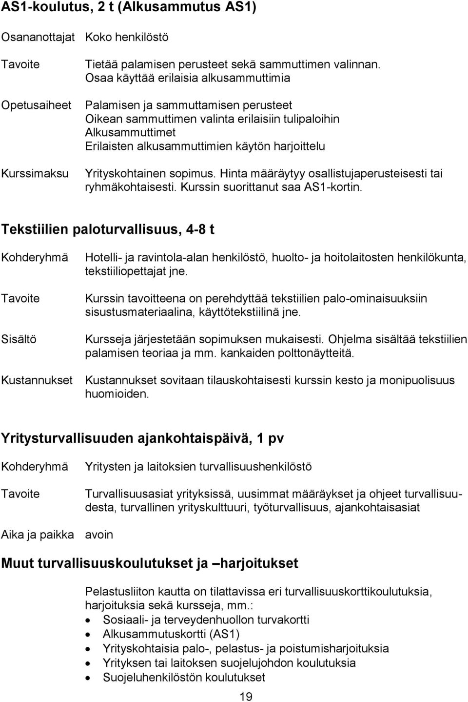 Yrityskohtainen sopimus. Hinta määräytyy osallistujaperusteisesti tai ryhmäkohtaisesti. Kurssin suorittanut saa AS1-kortin.