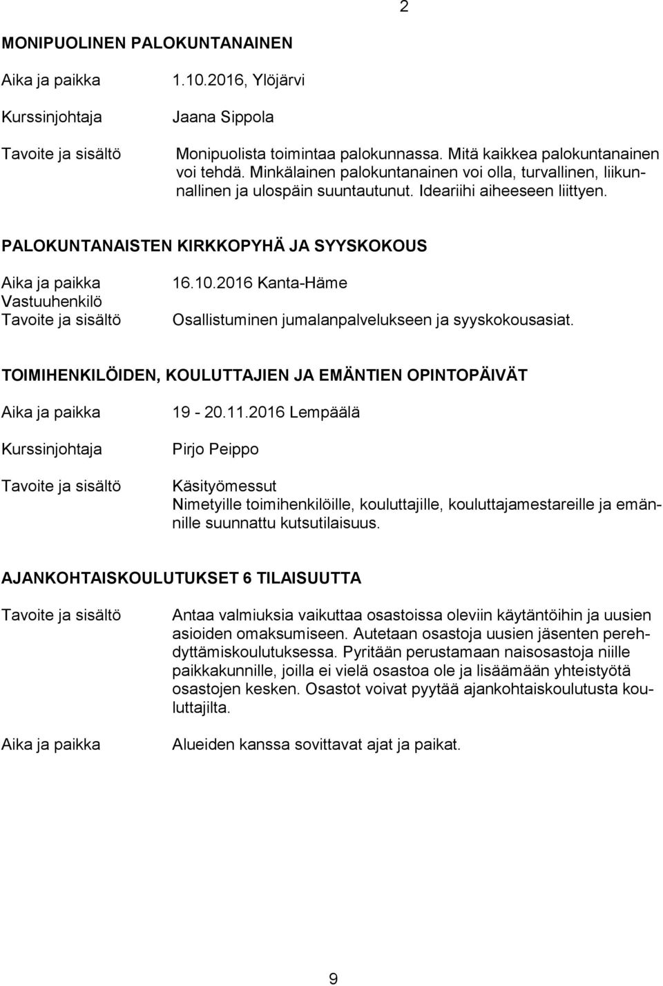 PALOKUNTANAISTEN KIRKKOPYHÄ JA SYYSKOKOUS Aika ja paikka Vastuuhenkilö ja sisältö 16.10.2016 Kanta-Häme Osallistuminen jumalanpalvelukseen ja syyskokousasiat.