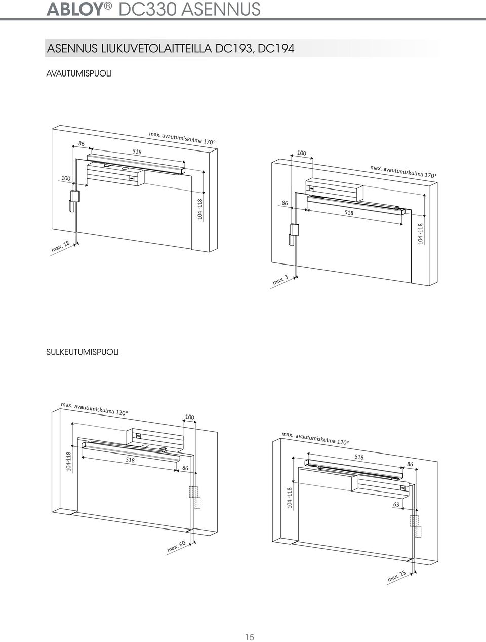 OPENING ANGLE 170 MAX 60 DC330 INSTALLATION INSTALLATION WITH SLIDIN HINGE SIDE, FRAME INSTA MAX. OPENING ANGLE 17 max. avautumiskulma 120 100 104-118 518 max.