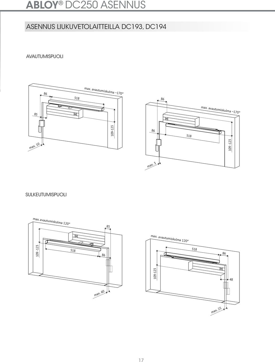 OPENING ANGLE 170 DC240 INSTALLATION INSTALLATION WITH SLIDING ARM DC193, DC194 HINGE SIDE, DOOR INSTALLATION MAX. OPENING ANGLE 180 max. avautumiskulma 120 109-123 518 max. 60 85 MAX 60 max.