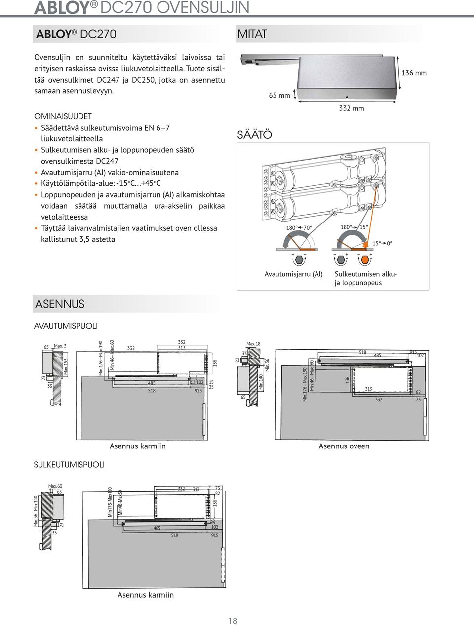 ABLOY DC270 MITAT Ovensuljin on suunniteltu käytettäväksi laivoissa tai erityisen raskaissa ovissa liukuvetolaitteella.