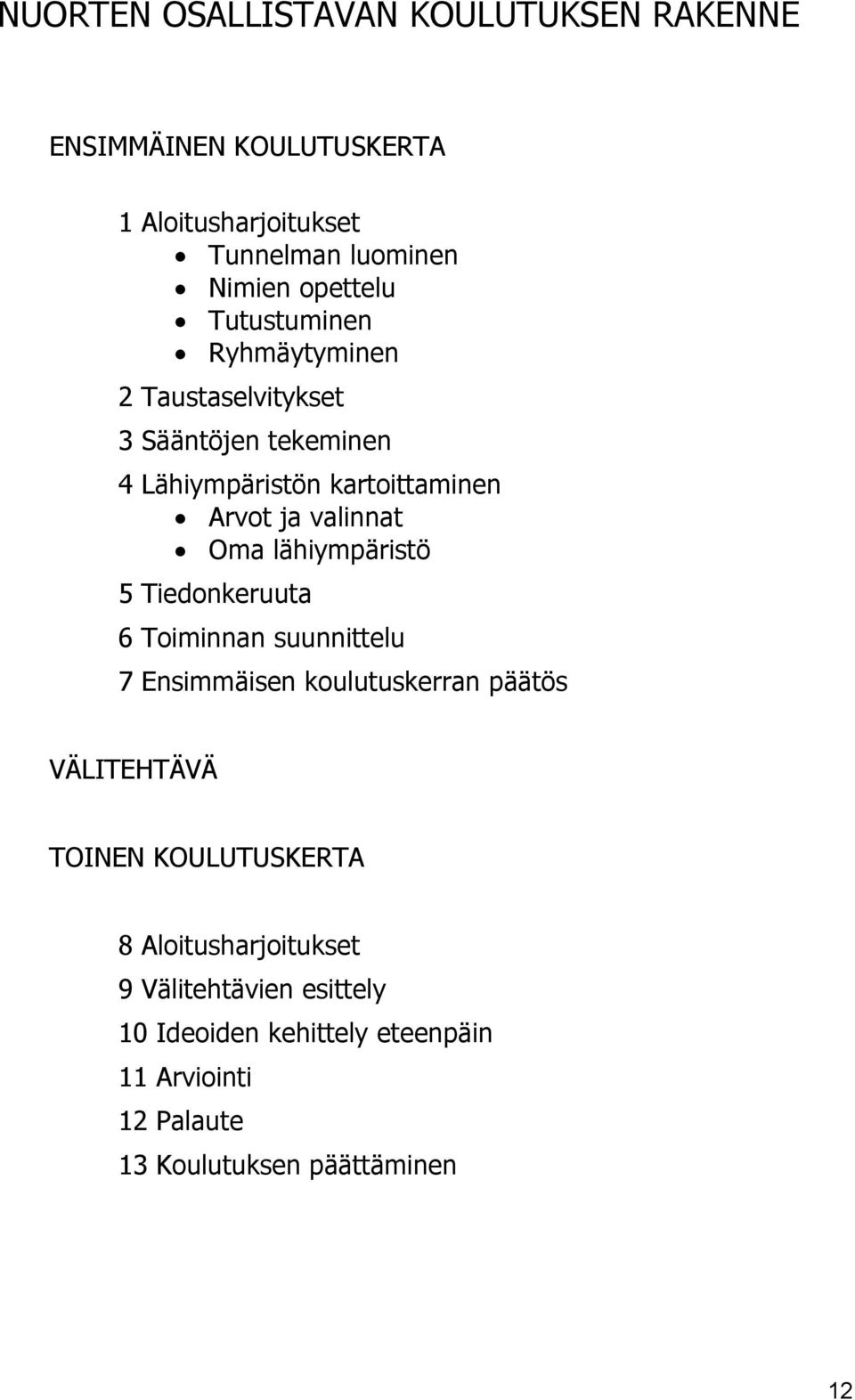 lähiympäristö 5 Tiedonkeruuta 6 Toiminnan suunnittelu 7 Ensimmäisen koulutuskerran päätös VÄLITEHTÄVÄ TOINEN KOULUTUSKERTA 8