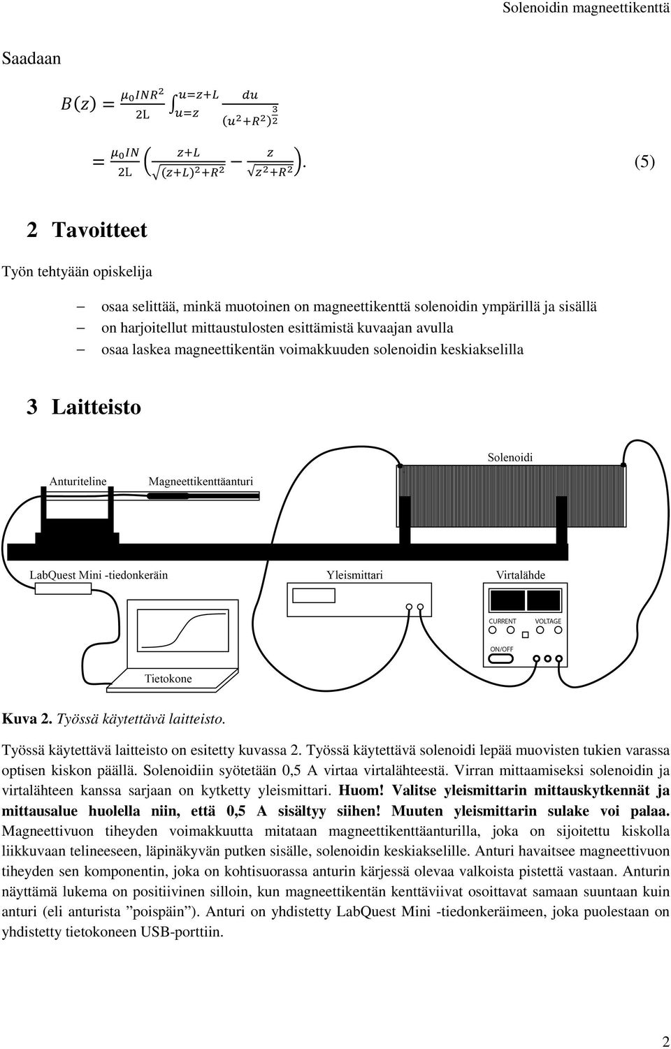 magneettikentän voimakkuuden solenoidin keskiakselilla 3 Laitteisto Kuva 2. Työssä käytettävä laitteisto. Työssä käytettävä laitteisto on esitetty kuvassa 2.