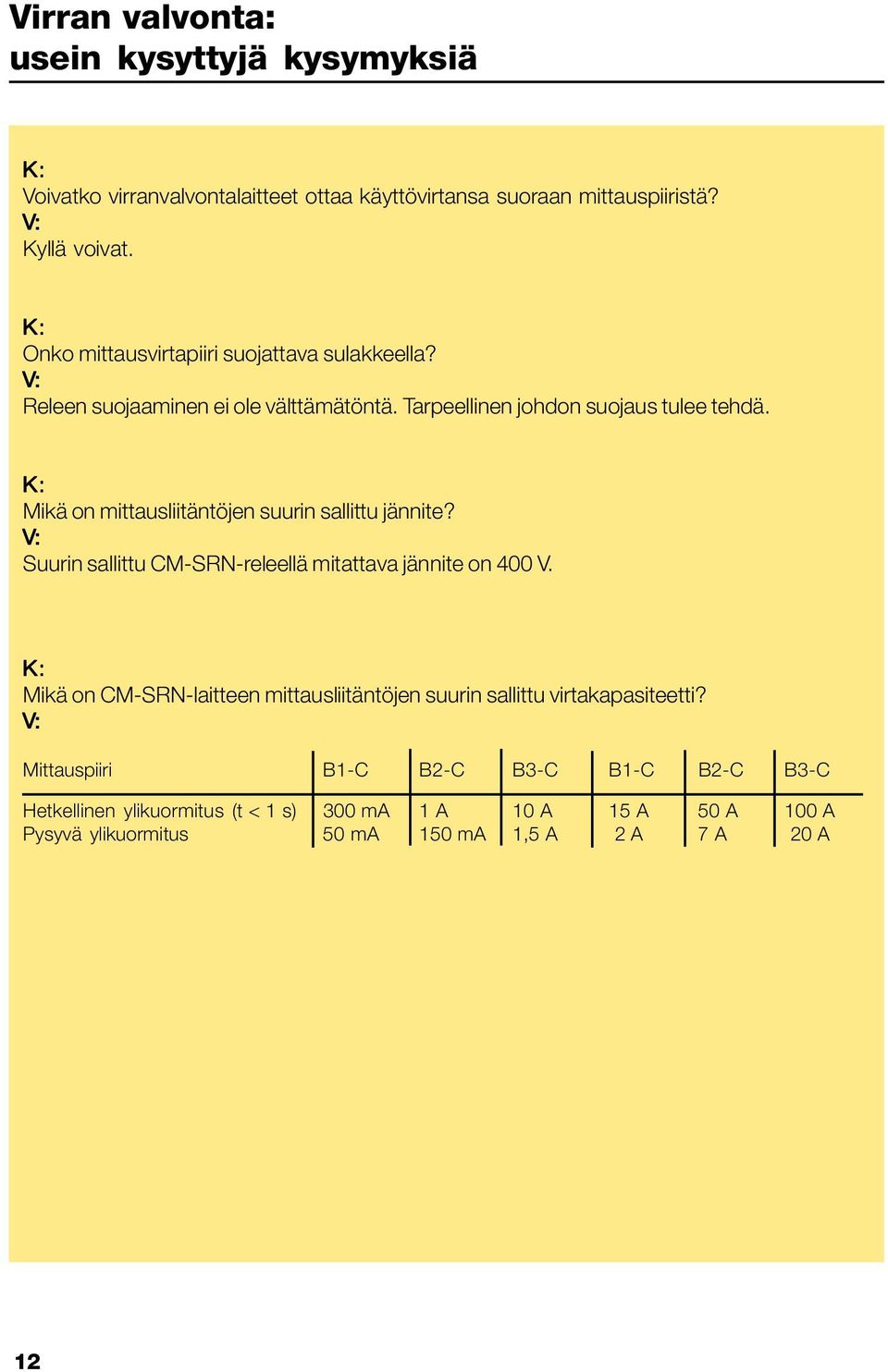 K: Mikä on mittausliitäntöjen suurin sallittu jännite? V: Suurin sallittu CM-SRN-releellä mitattava jännite on 400 V.