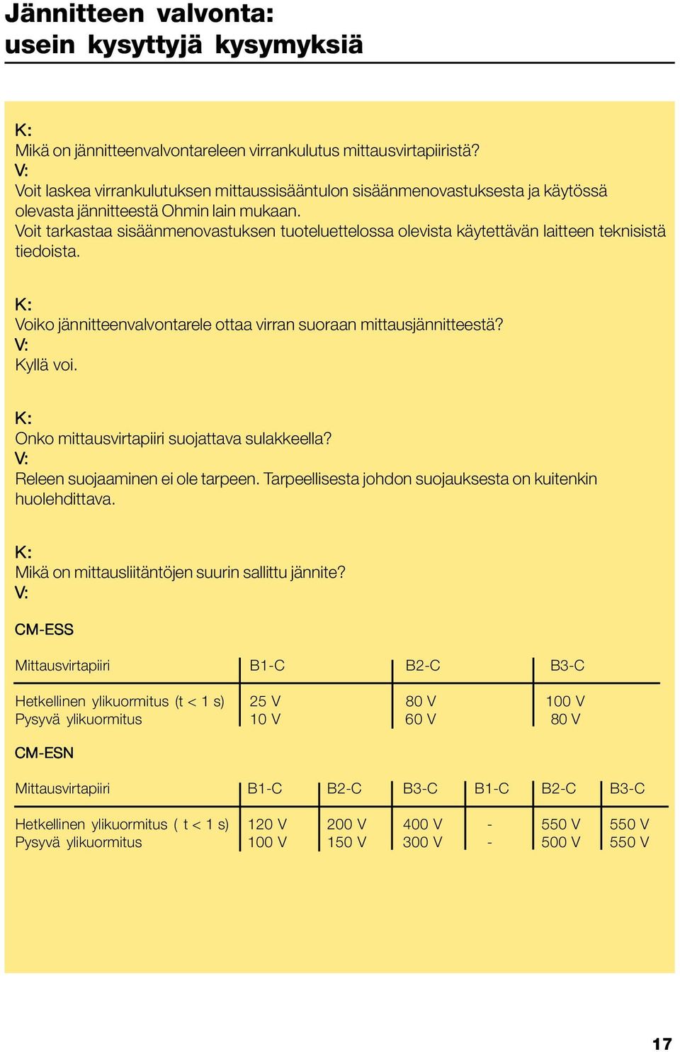 Voit tarkastaa sisäänmenovastuksen tuoteluettelossa olevista käytettävän laitteen teknisistä tiedoista. K: Voiko jännitteenvalvontarele ottaa virran suoraan mittausjännitteestä? V: Kyllä voi.
