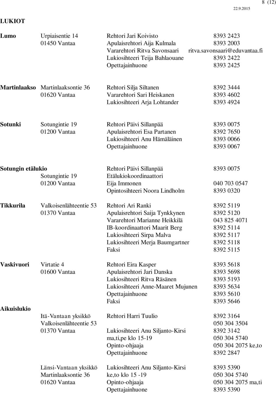 Arja Lohtander 8393 4924 Sotunki Sotungintie 19 Rehtori Päivi Sillanpää 8393 0075 01200 Vantaa Apulaisrehtori Esa Partanen 8392 7650 Lukiosihteeri Anu Hämäläinen 8393 0066 Opettajainhuone 8393 0067