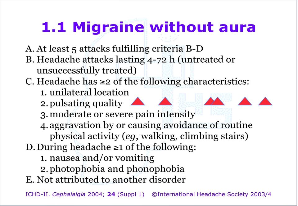 unilateral location 2.pulsating quality 3.moderate or severe pain intensity 4.