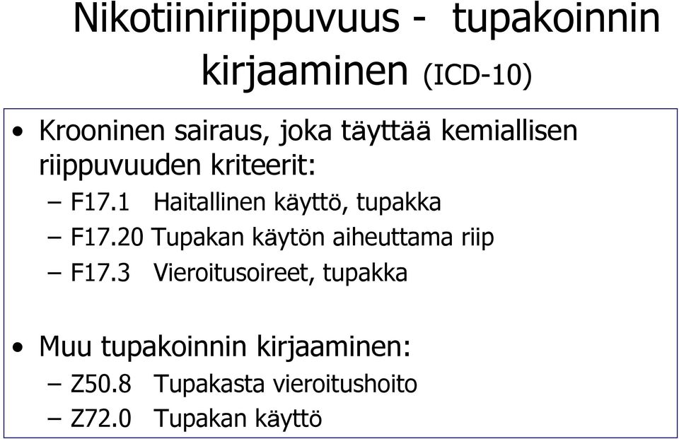 1 Haitallinen käyttö, tupakka F17.20 Tupakan käytön aiheuttama riip F17.