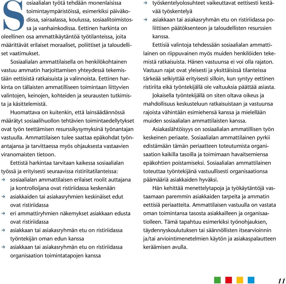 Sosiaalialan ammattilaisella on henkilökohtainen vastuu ammatin harjoittamisen yhteydessä tekemistään eettisistä ratkaisuista ja valinnoista.