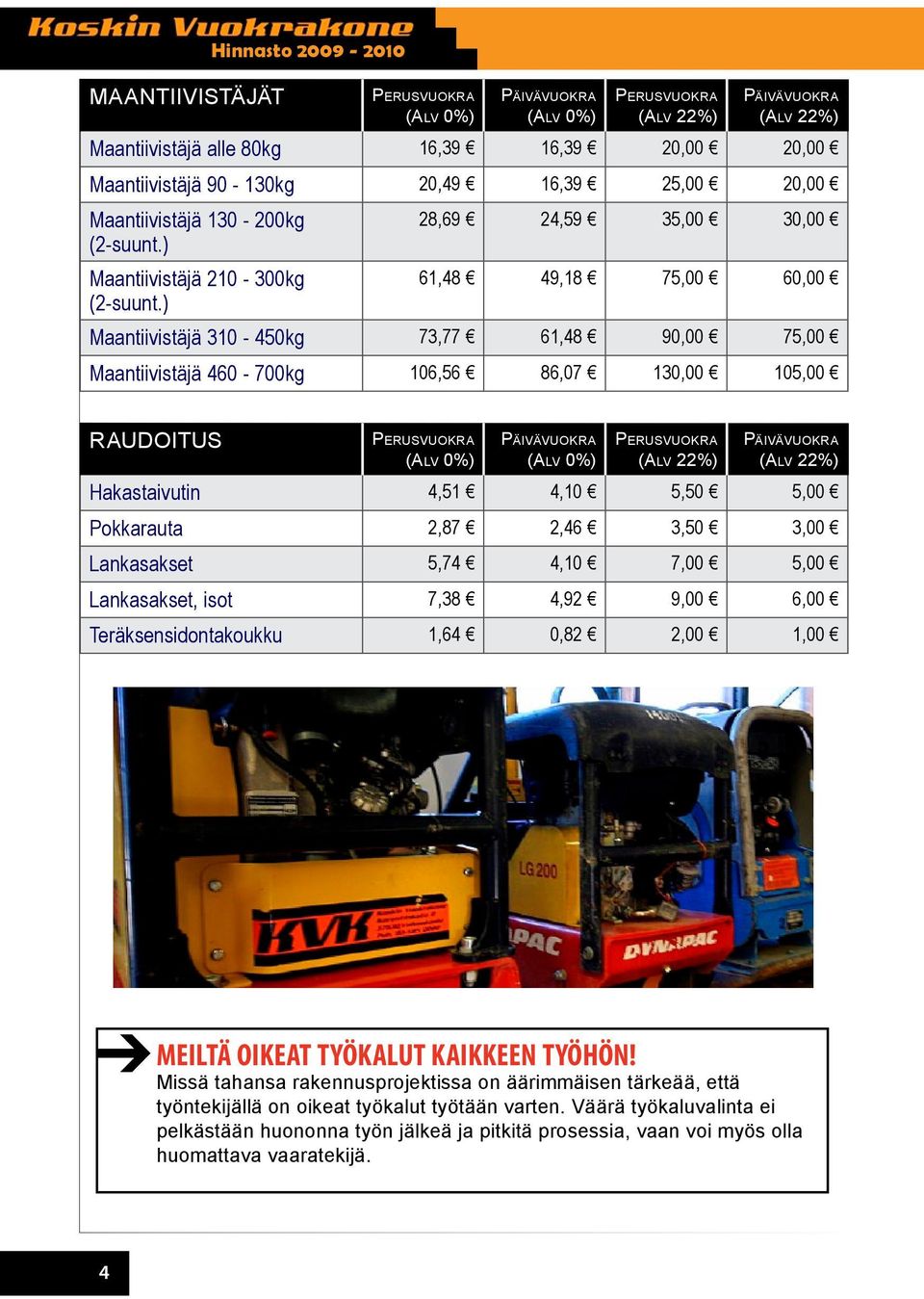 ) 28,69 24,59 35,00 30,00 61,48 49,18 75,00 60,00 Maantiivistäjä 310-450kg 73,77 61,48 90,00 75,00 Maantiivistäjä 460-700kg 106,56 86,07 130,00 105,00 RAUDOITUS Hakastaivutin 4,51 4,10 5,50 5,00