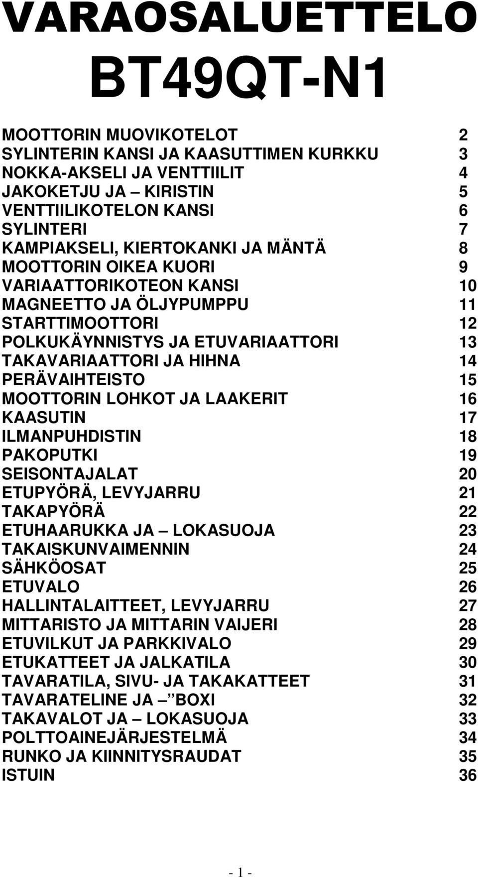 LAAKERIT 1 KAASUTIN 17 ILMANPUHDISTIN 1 PAKOPUTKI 1 SEISONTAJALAT 0 ETUPYÖRÄ, LEVYJARRU 1 TAKAPYÖRÄ ETUHAARUKKA JA LOKASUOJA TAKAISKUNVAIMENNIN SÄHKÖOSAT ETUVALO HALLINTALAITTEET, LEVYJARRU 7