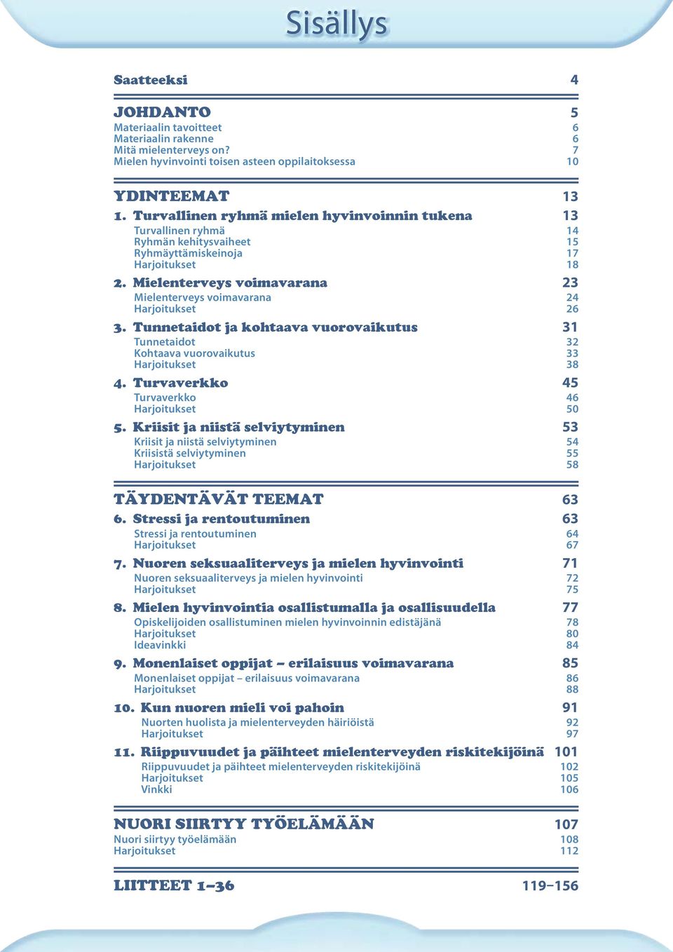 mielenterveys voimavarana 23 Mielenterveys voimavarana 24 Harjoitukset 26 3. tunnetaidot ja kohtaava vuorovaikutus 31 Tunnetaidot 32 Kohtaava vuorovaikutus 33 Harjoitukset 38 4.