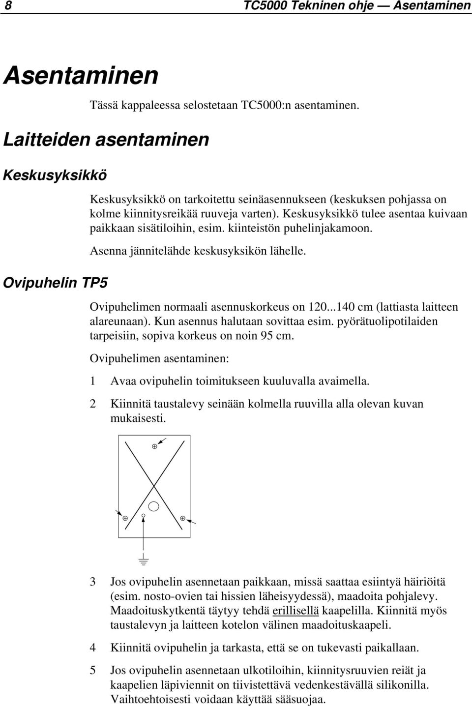 Keskusyksikkö tulee asentaa kuivaan paikkaan sisätiloihin, esim. kiinteistön puhelinjakamoon. Asenna jännitelähde keskusyksikön lähelle. Ovipuhelimen normaali asennuskorkeus on 120.