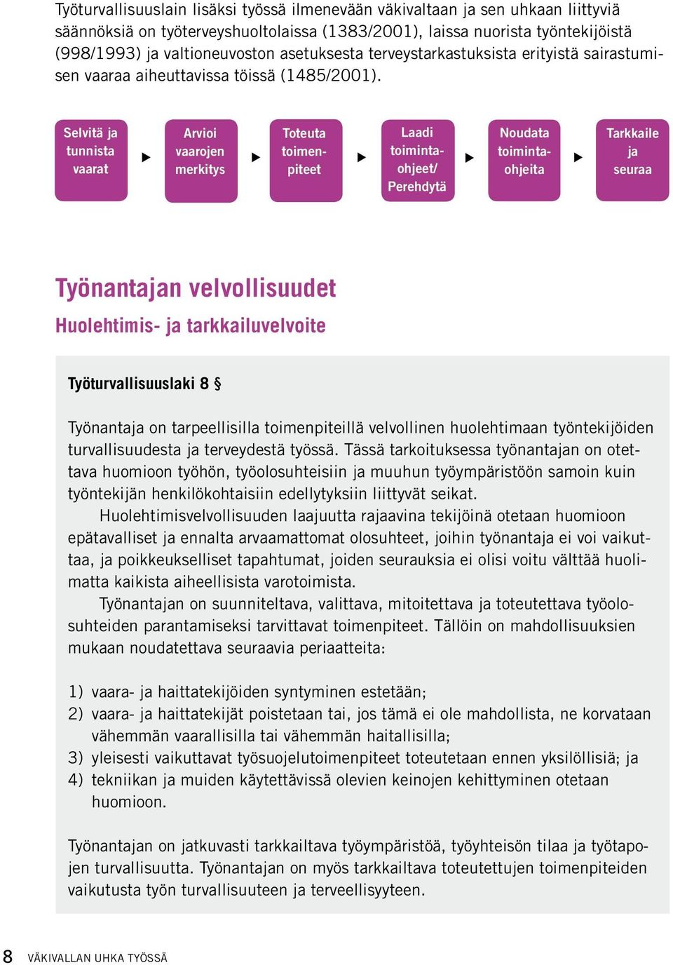 Selvitä ja tunnista vaarat Arvioi vaarojen merkitys Toteuta toimenpiteet Laadi toimintaohjeet/ Perehdytä Noudata toimintaohjeita Tarkkaile ja seuraa Työnantajan velvollisuudet Huolehtimis- ja