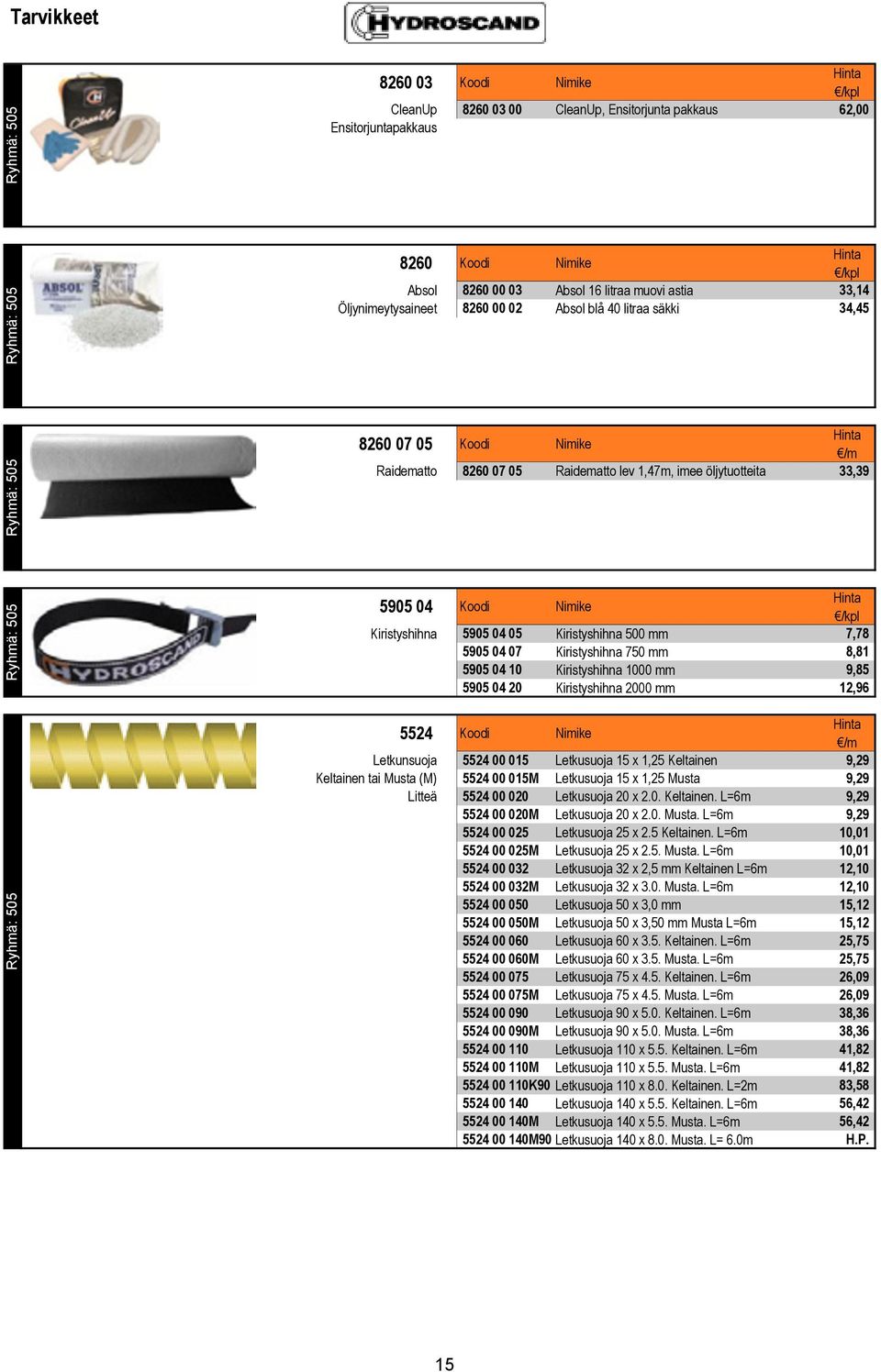 Koodi Nimike Kiristyshihna 5905 04 05 Kiristyshihna 500 mm 7,78 5905 04 07 Kiristyshihna 750 mm 8,81 5905 04 10 Kiristyshihna 1000 mm 9,85 5905 04 20 Kiristyshihna 2000 mm 12,96 5524 Koodi Nimike /m