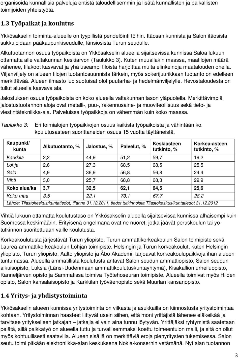 Alkutuotannon osuus työpaikoista on Ykkösakselin alueella sijaitsevissa kunnissa Saloa lukuun ottamatta alle valtakunnan keskiarvon (Taulukko 3).