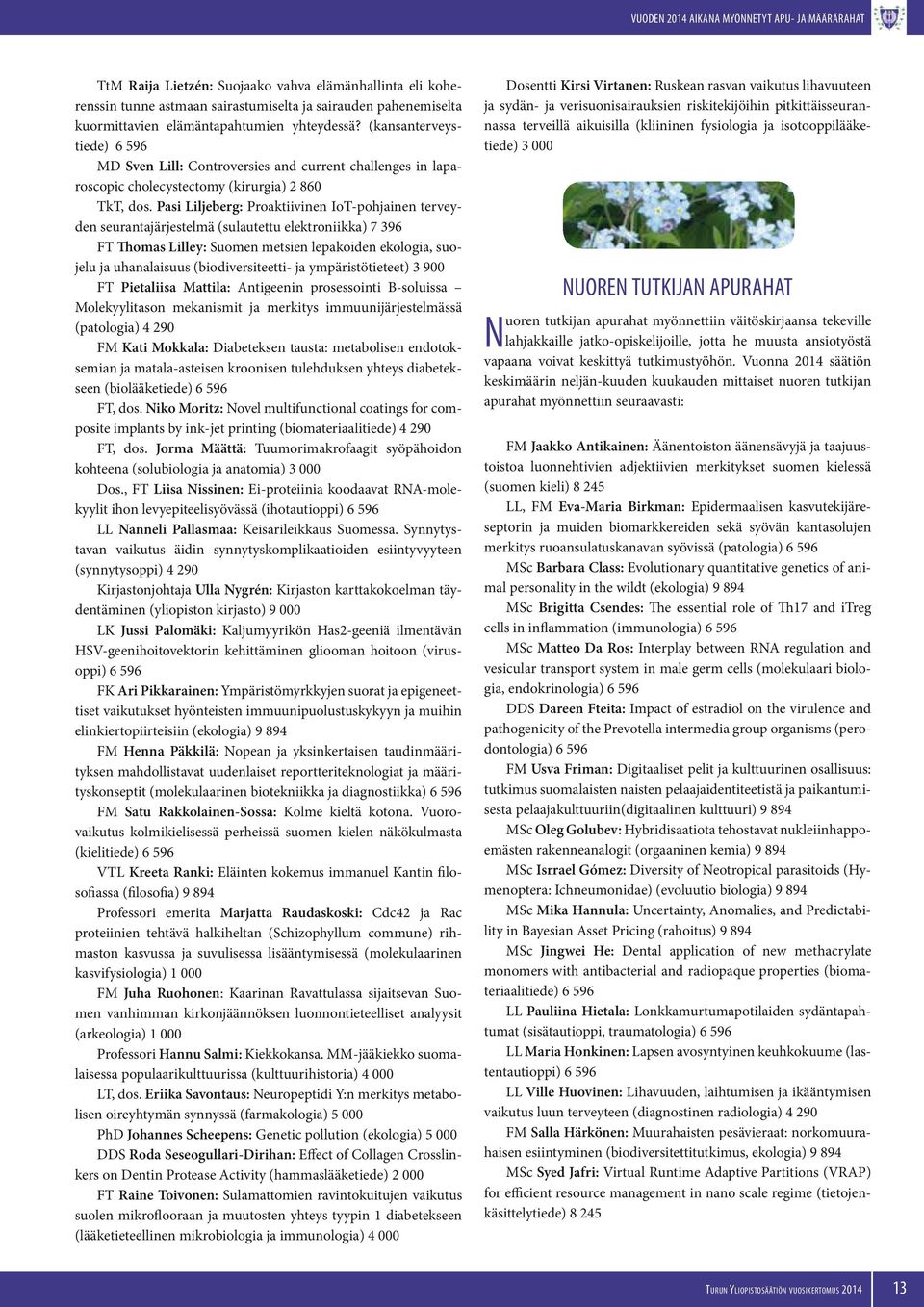 Pasi Liljeberg: Proaktiivinen IoT-pohjainen terveyden seurantajärjestelmä (sulautettu elektroniikka) 7 396 FT Thomas Lilley: Suomen metsien lepakoiden ekologia, suojelu ja uhanalaisuus