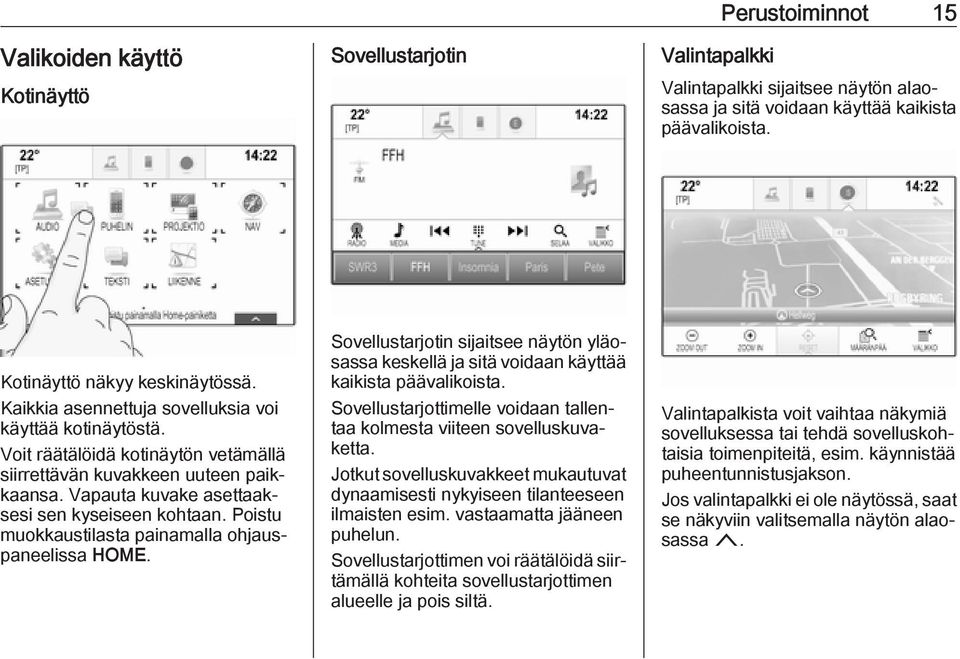 Poistu muokkaustilasta painamalla ohjauspaneelissa HOME. Sovellustarjotin sijaitsee näytön yläosassa keskellä ja sitä voidaan käyttää kaikista päävalikoista.