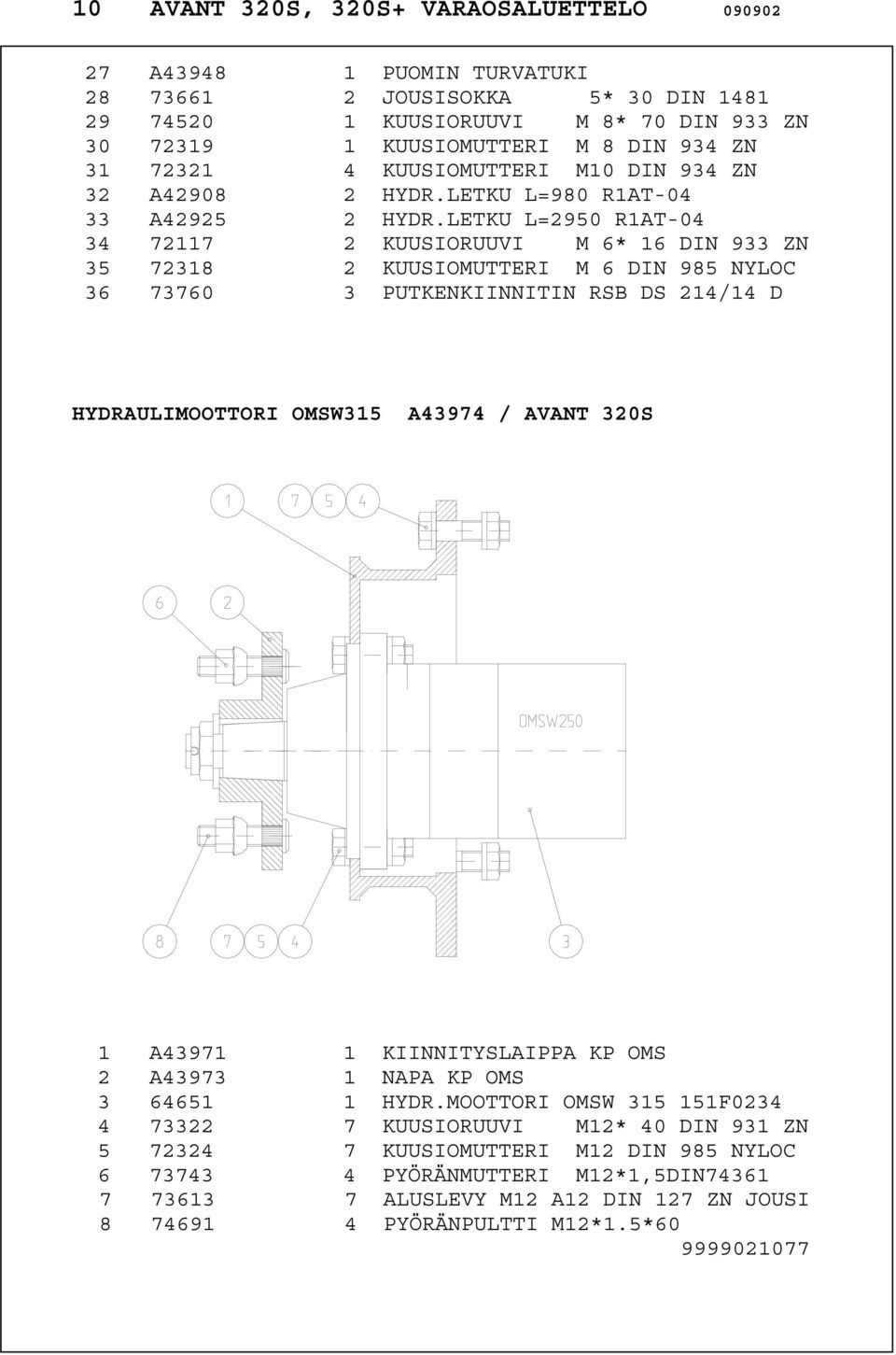 LETKU L=2950 R1AT-04 34 72117 2 KUUSIORUUVI M 6* 16 DIN 933 ZN 35 72318 2 KUUSIOMUTTERI M 6 DIN 985 NYLOC 36 73760 3 PUTKENKIINNITIN RSB DS 214/14 D HYDRAULIMOOTTORI OMSW315 A43974 / AVANT 320S 1