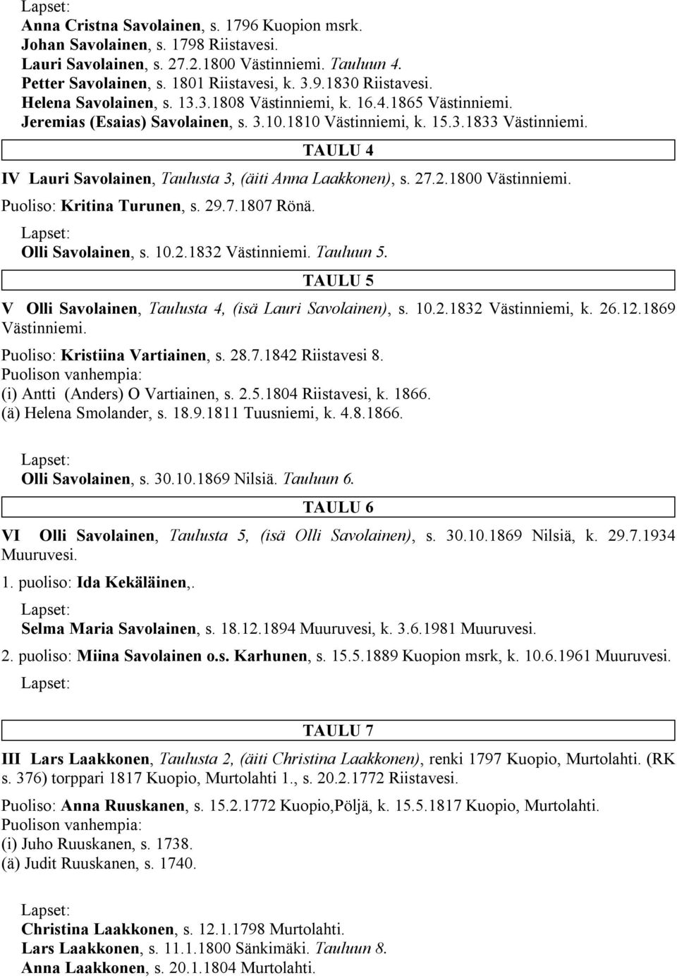 TAULU 4 IV Lauri Savolainen, Taulusta 3, (äiti Anna Laakkonen), s. 27.2.1800 Västinniemi. Puoliso: Kritina Turunen, s. 29.7.1807 Rönä. Olli Savolainen, s. 10.2.1832 Västinniemi. Tauluun 5.